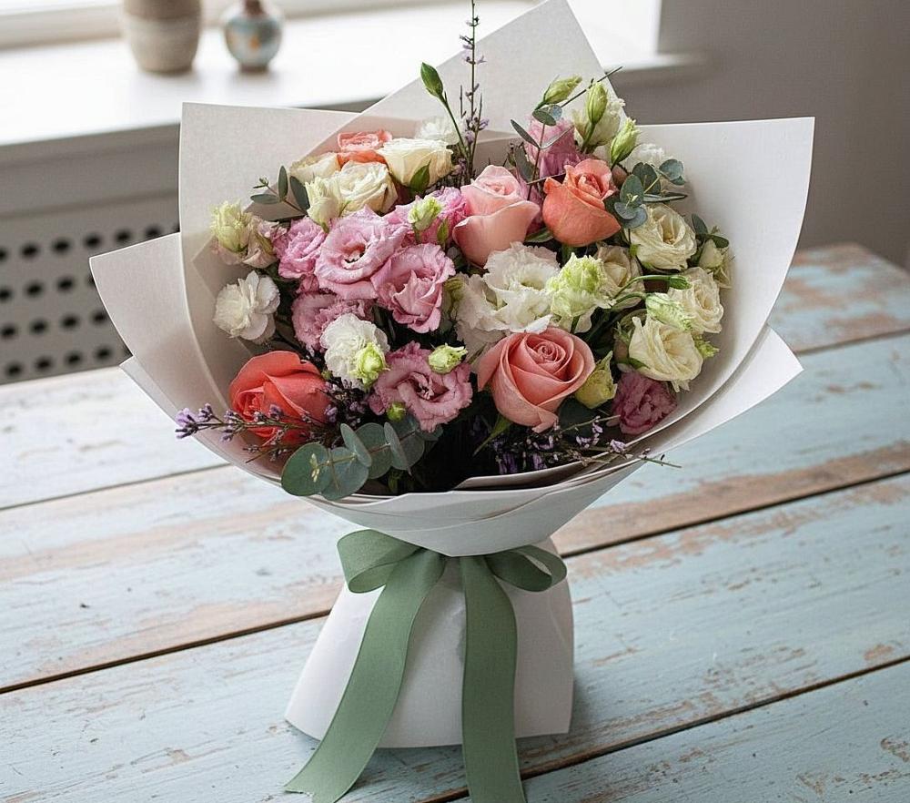 Букет цветов из: Розы, Лизиантусы и Гвоздики в Костромской