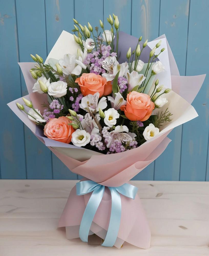Букет цветов из: Лизиантусы, Розы, Альстромерии и Гипсофила в Костромской