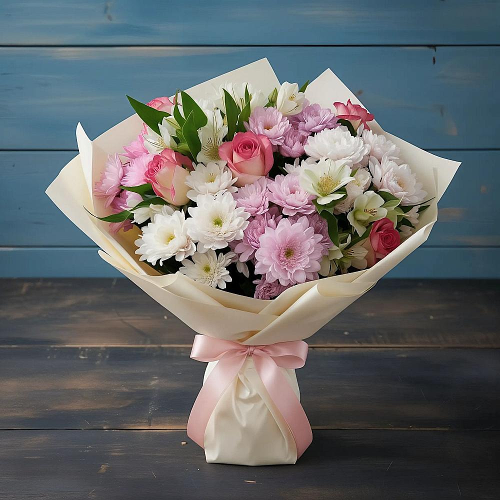 Букет цветов из: Хризантемы, Альстромерии и Розы в Костромской